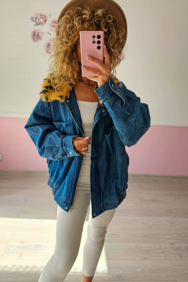 Jeansowa kurtka oversize z kołnierzem w cętki 2