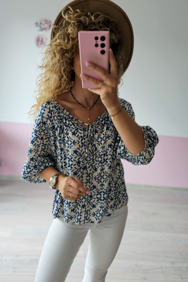 Bluzka damska w kwiaty – niebiesko-kremowa, boho styl 1
