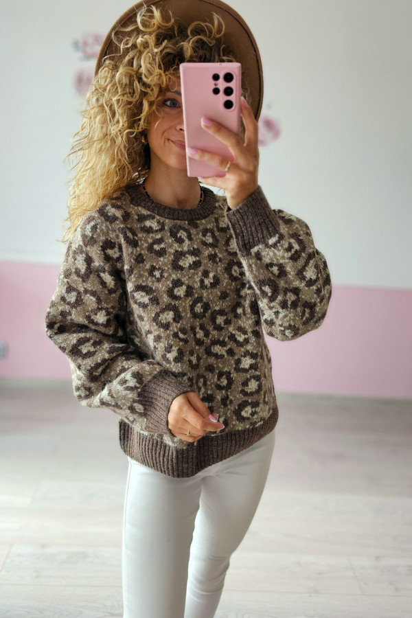 Sweter w panterkę – brązowy, miękki i stylowy L/XL 1