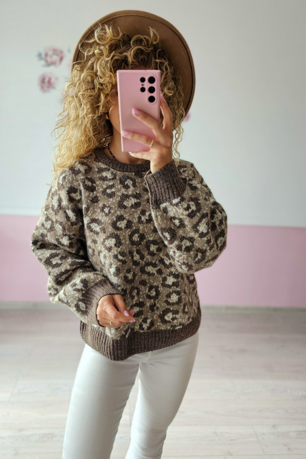 Sweter w panterkę – brązowy, miękki i stylowy L/XL 2