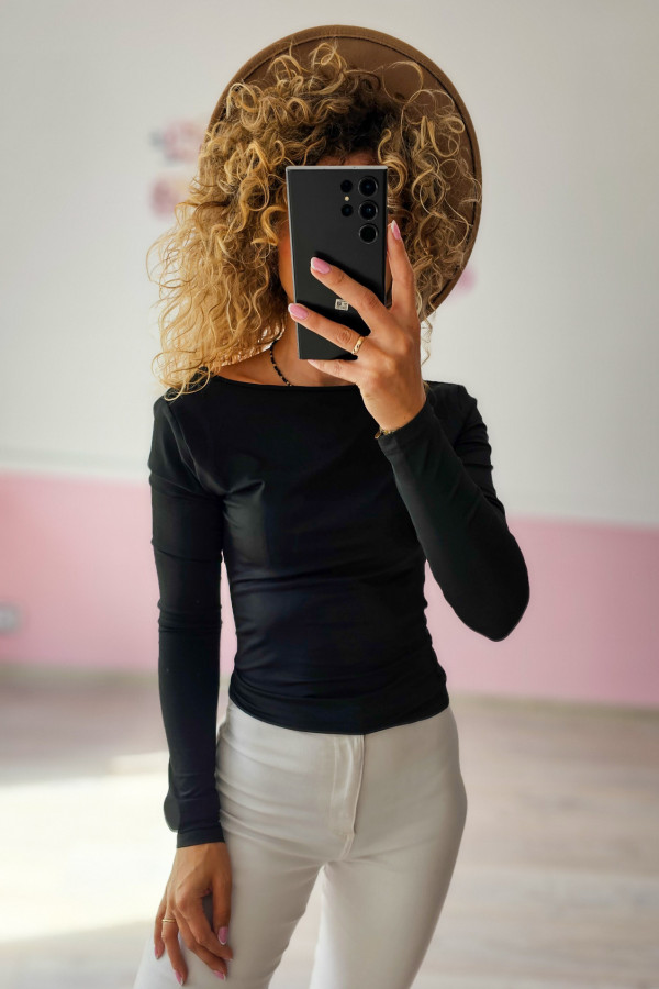 Czarna elegancka bluzka z dekoltem na plecach – dopasowana, z długim rękawem