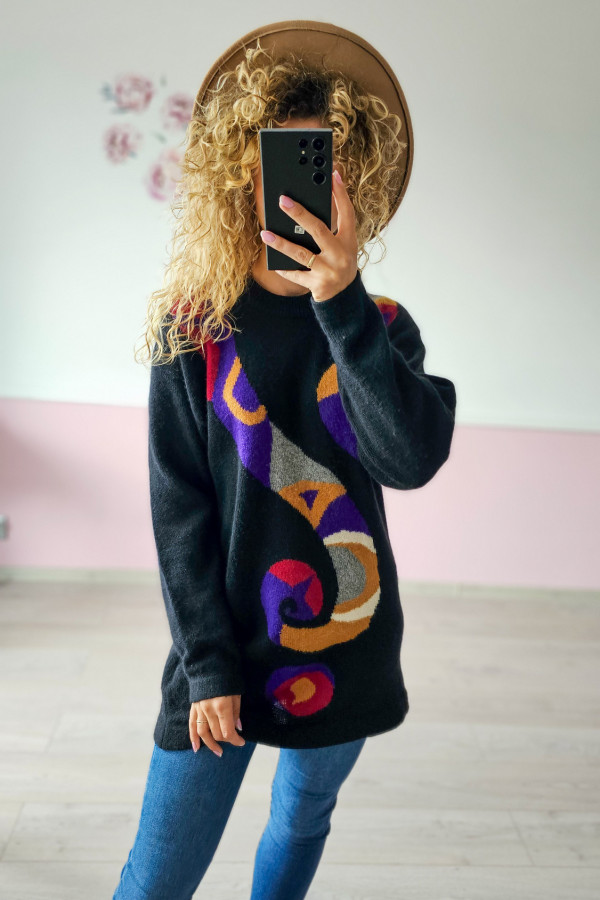 Czarny sweter oversize z kolorowym wzorem PURE WOOL