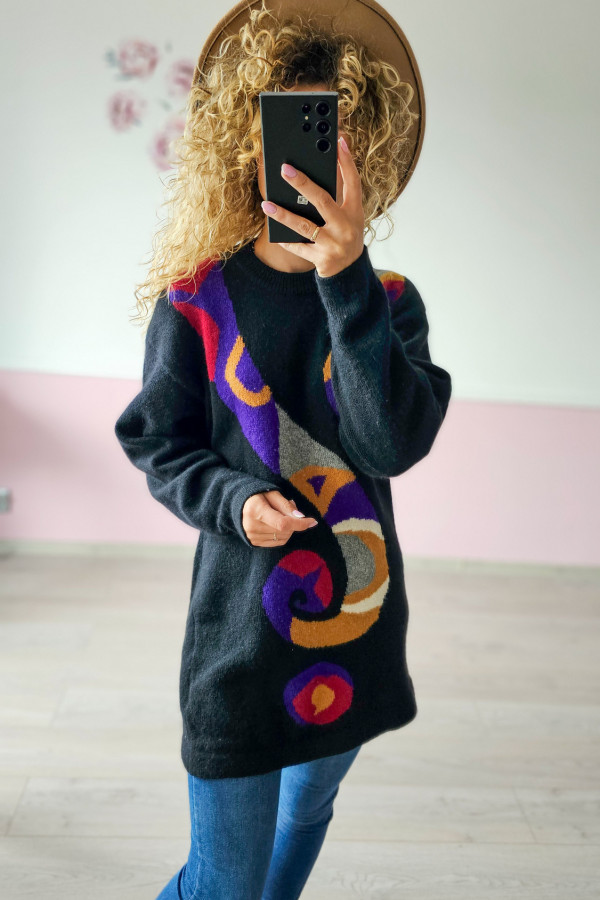 Czarny sweter oversize z kolorowym wzorem PURE WOOL 2