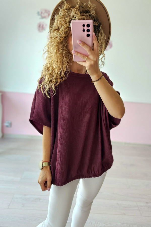 Bordowa bluzka oversize z krótkim rękawem