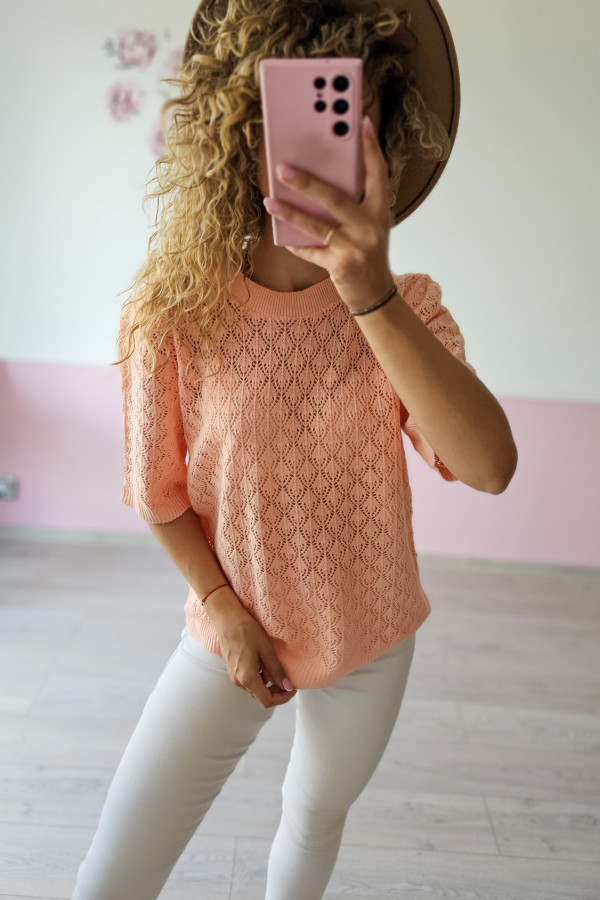 Ażurowa bluzka sweterkowa z krótkim rękawem – brzoskwiniowa - L/XL 2
