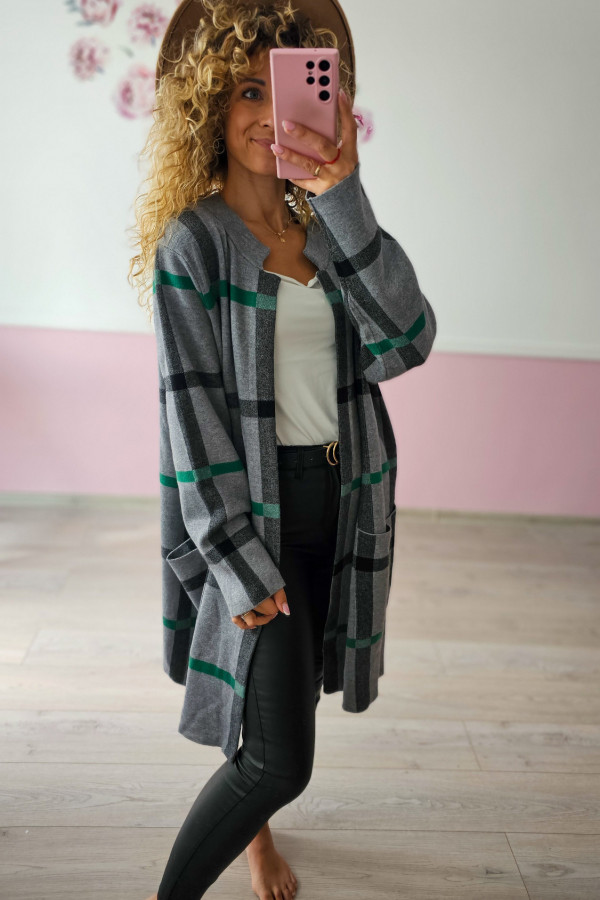 Szary kardigan oversize w kratę 4/5XL