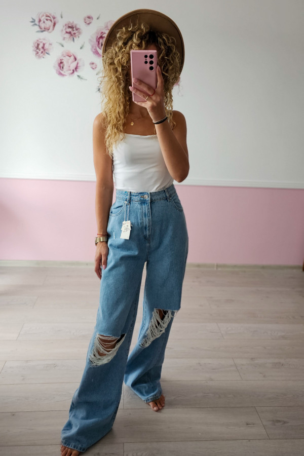 Jeansy damskie wide leg z przetarciami