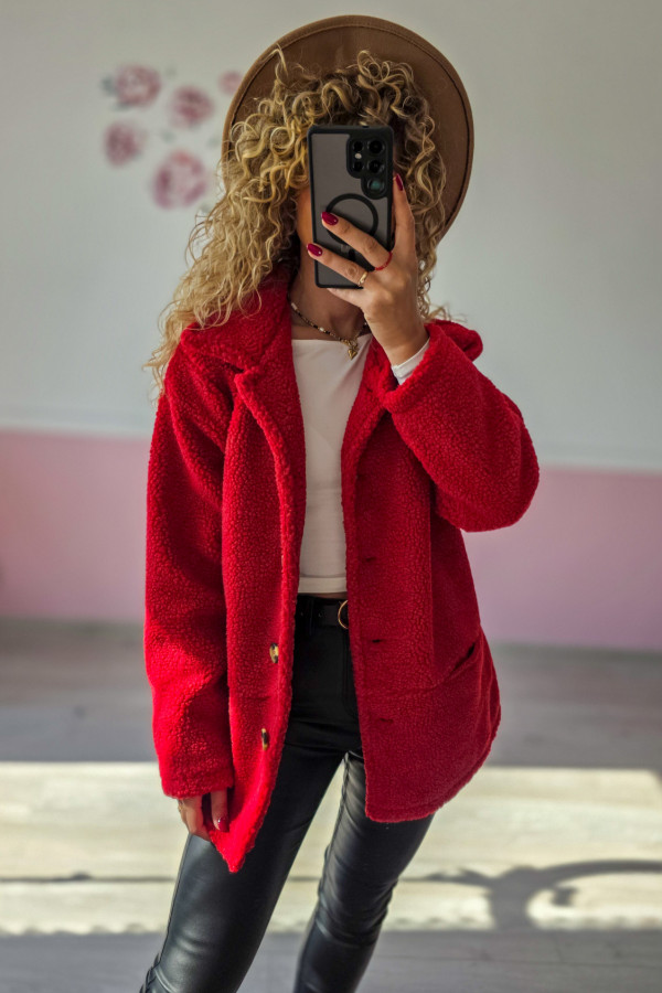 Czerwony płaszcz damski teddy L/XL 2