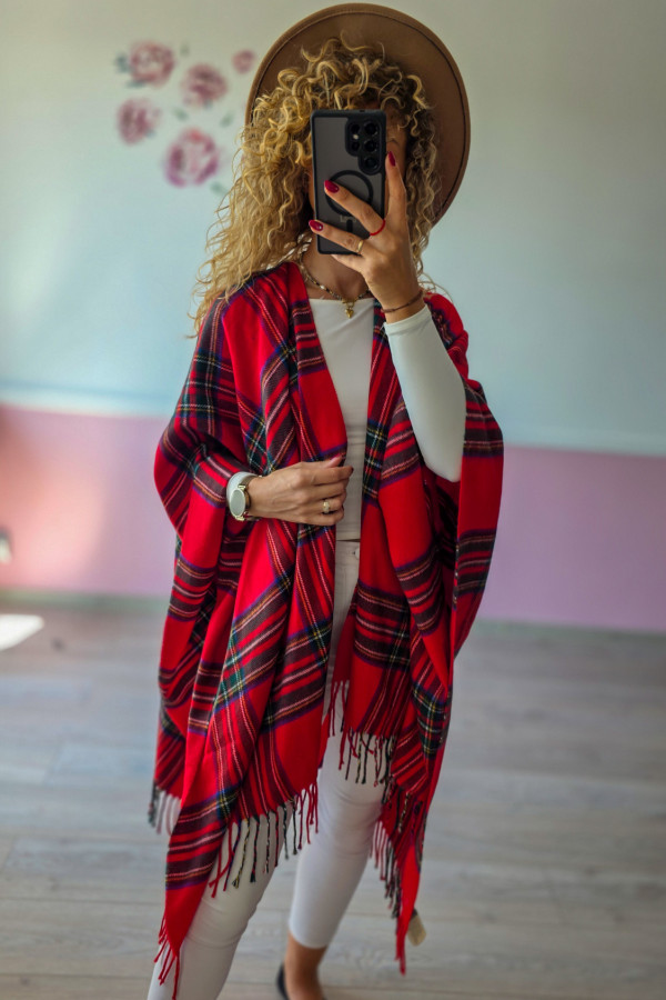 Czerwona krata – poncho/szal