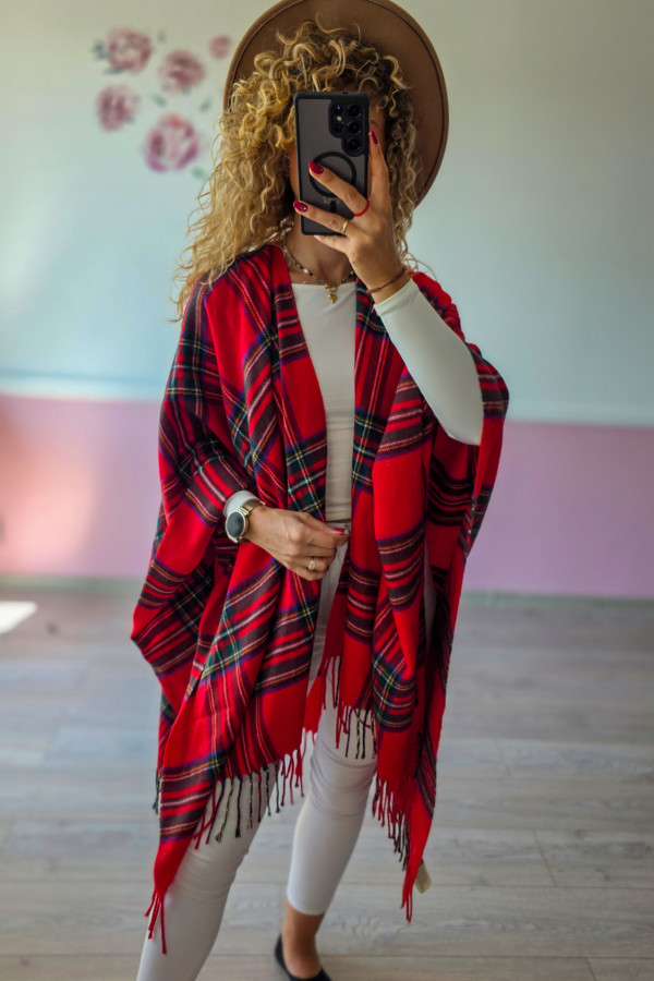Czerwona krata – poncho/szal 1