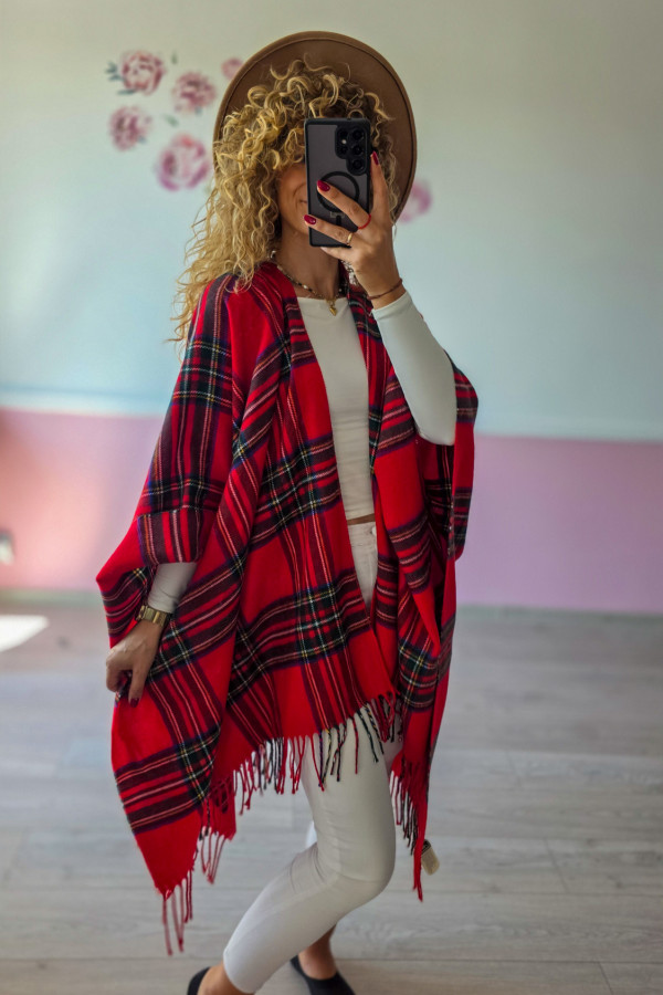 Czerwona krata – poncho/szal 2