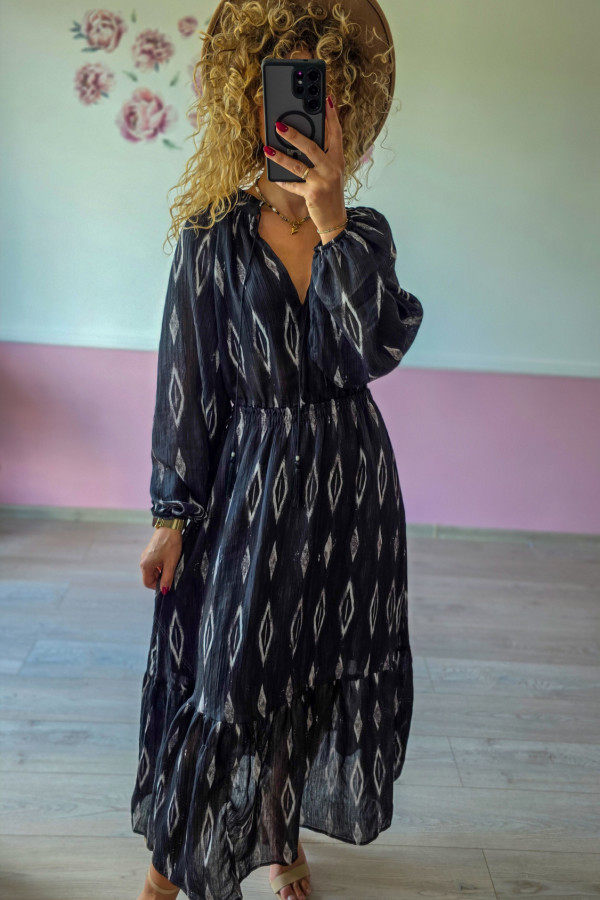 Czarna sukienka maxi w etniczny wzór XS/S 1