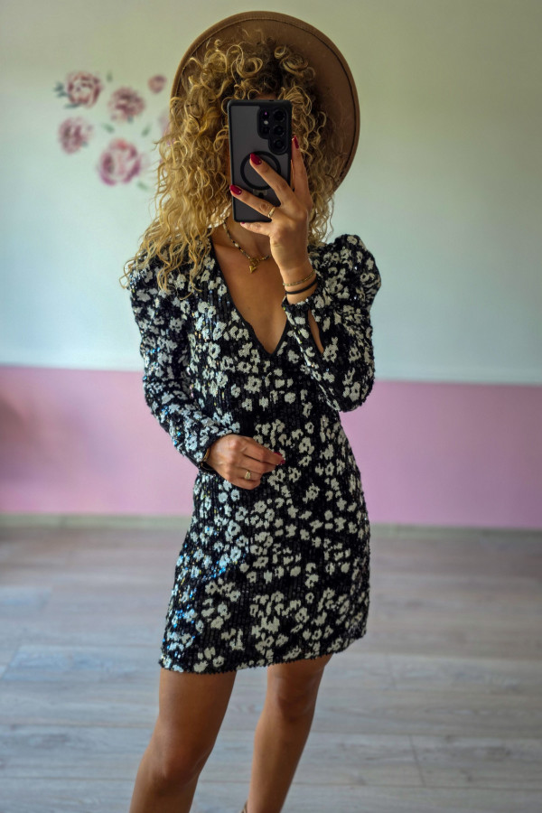 Czarna sukienka mini w kwiaty z cekinami