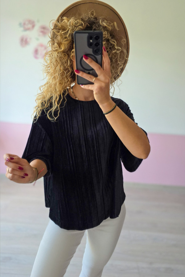 Welurowa bluzka z plisowaniem – czarna XXL/3XL