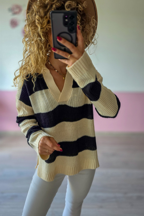Sweter w pasy z dekoltem V – beżowo-czarny XS/S 1