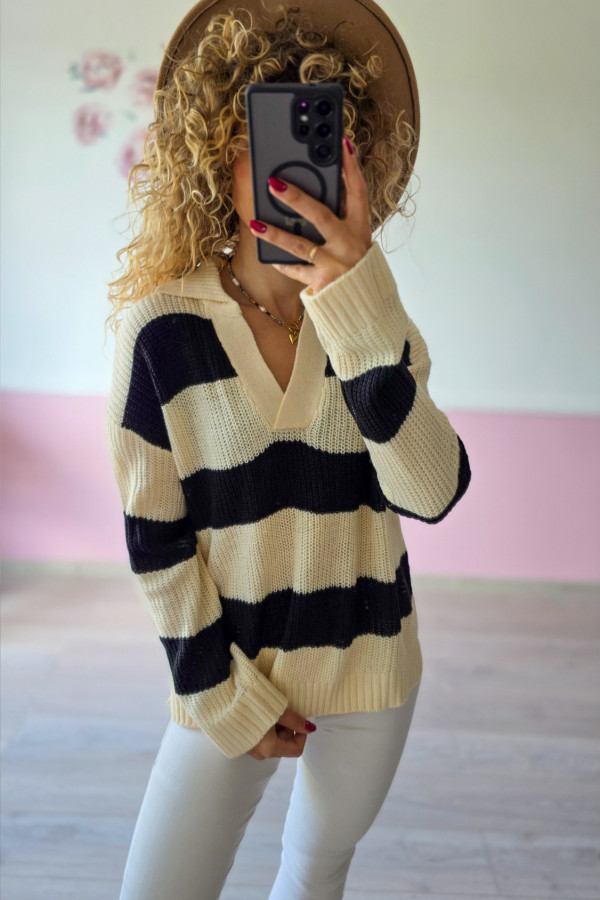 Sweter w pasy z dekoltem V – beżowo-czarny XS/S