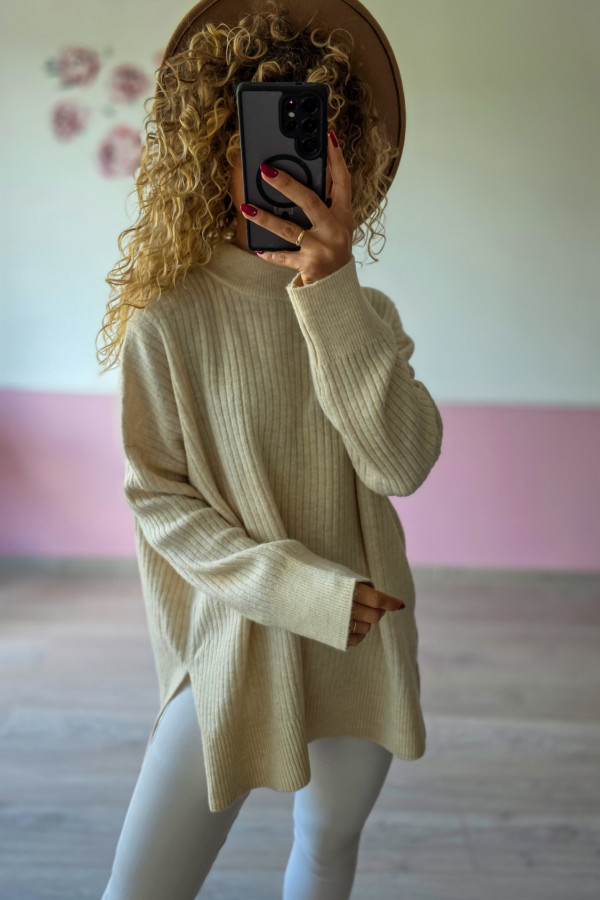 Beżowy oversize sweter prążkowany L/XL 1