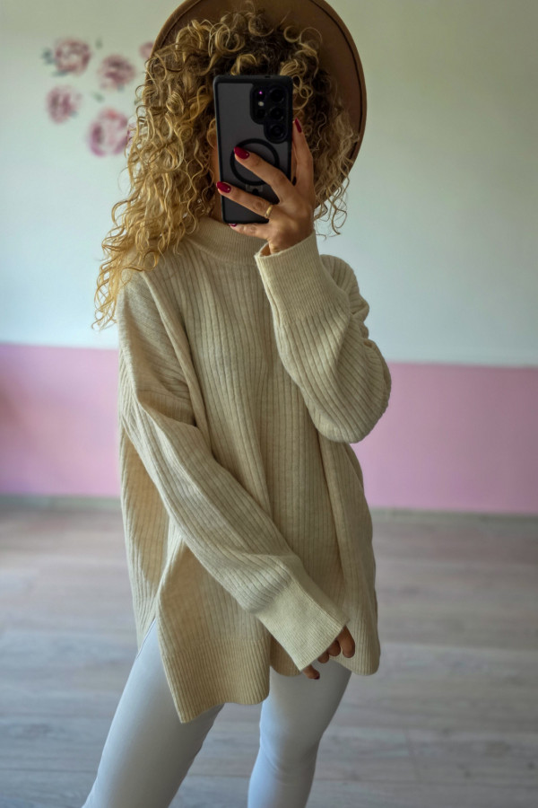Beżowy oversize sweter prążkowany L/XL