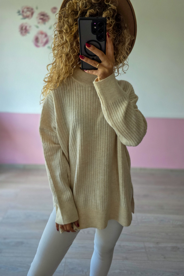 Beżowy oversize sweter prążkowany L/XL 2