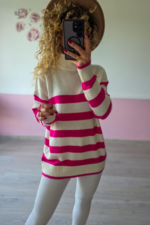 Sweter w paski fuksja–ecru 1