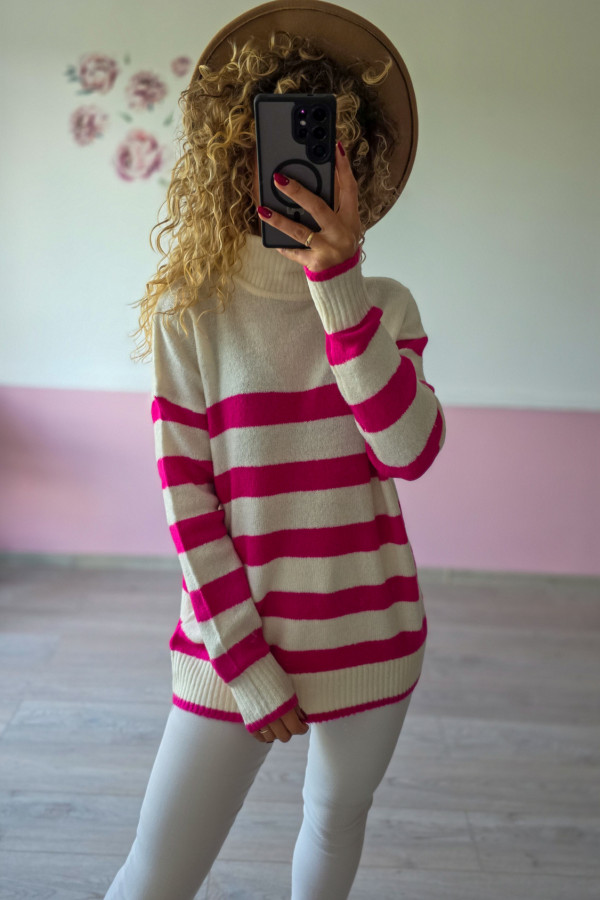 Sweter w paski fuksja–ecru