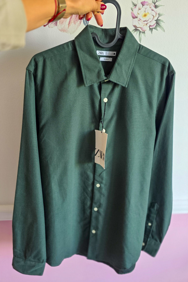Butelkowozielona męska koszula slim fit Zara 1