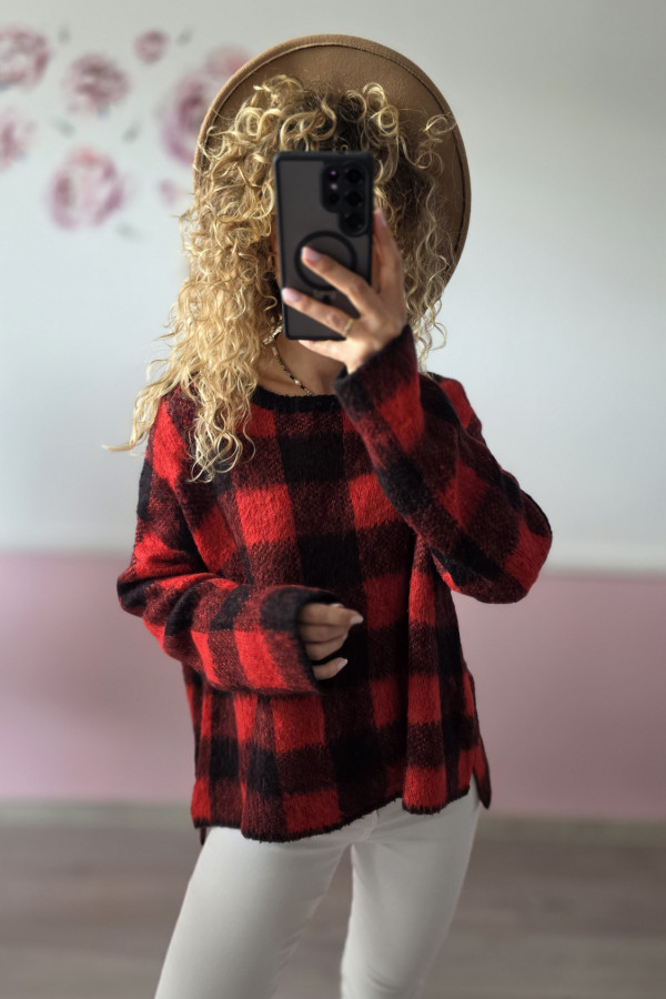 Sweter w czerwono-czarną kratę L/XL