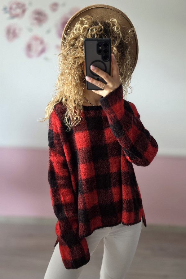 Sweter w czerwono-czarną kratę L/XL 1