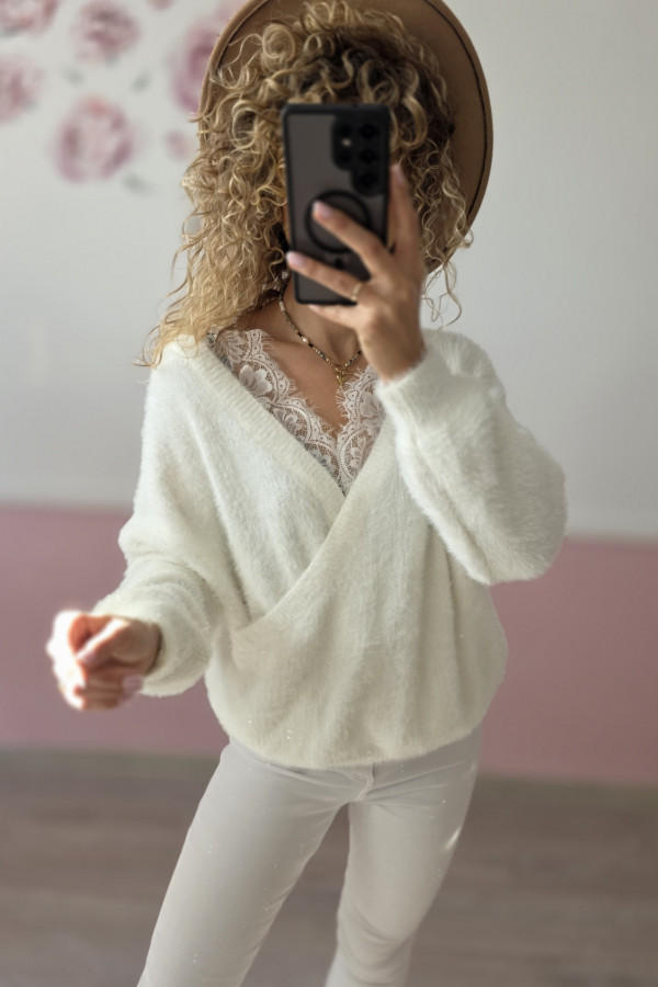 Sweter kopertowy ecru z koronką L/XL