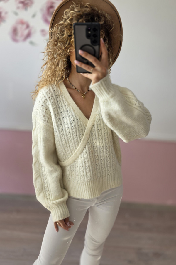 Ażurowy sweter kopertowy ecru L/XL 1