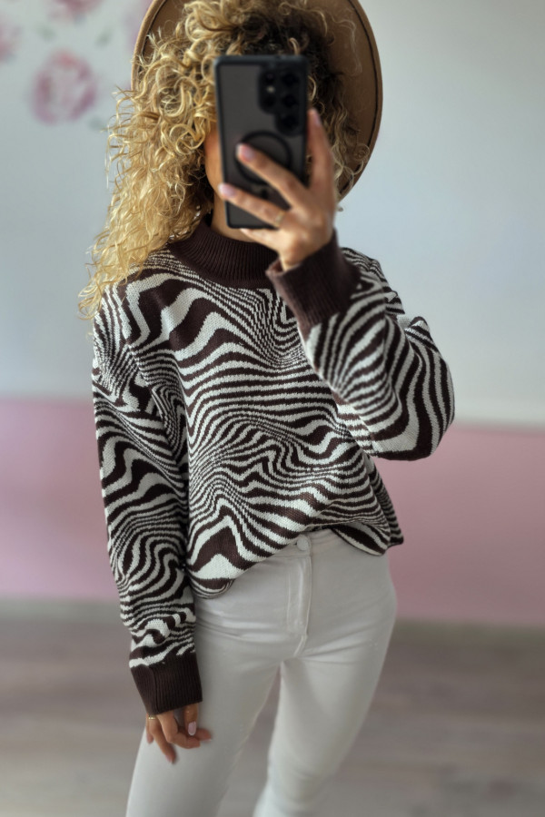 Sweter damski zebra brązowo-biały