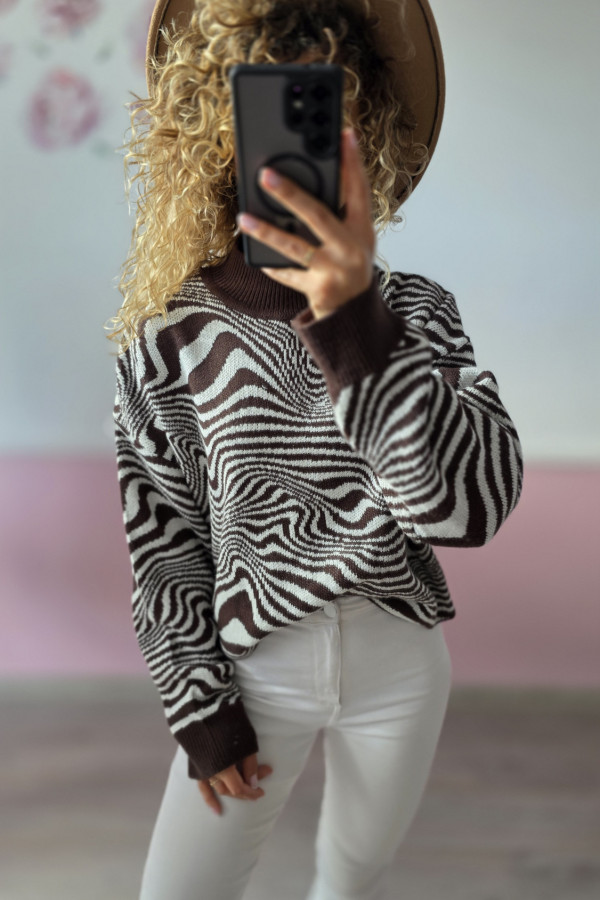 Sweter damski zebra brązowo-biały 1