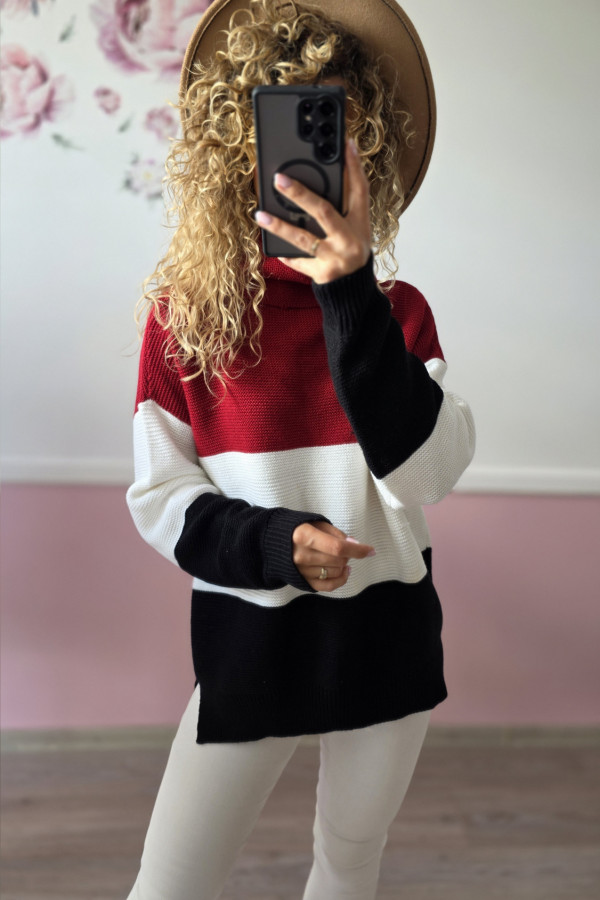 Sweter damski w szerokie pasy czerwono-czarno-białe 1