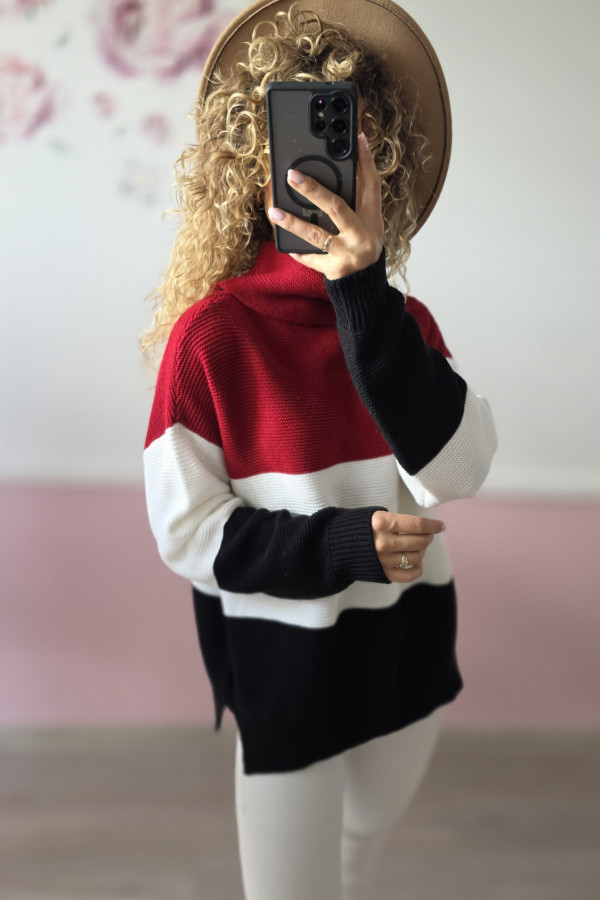 Sweter damski w szerokie pasy czerwono-czarno-białe