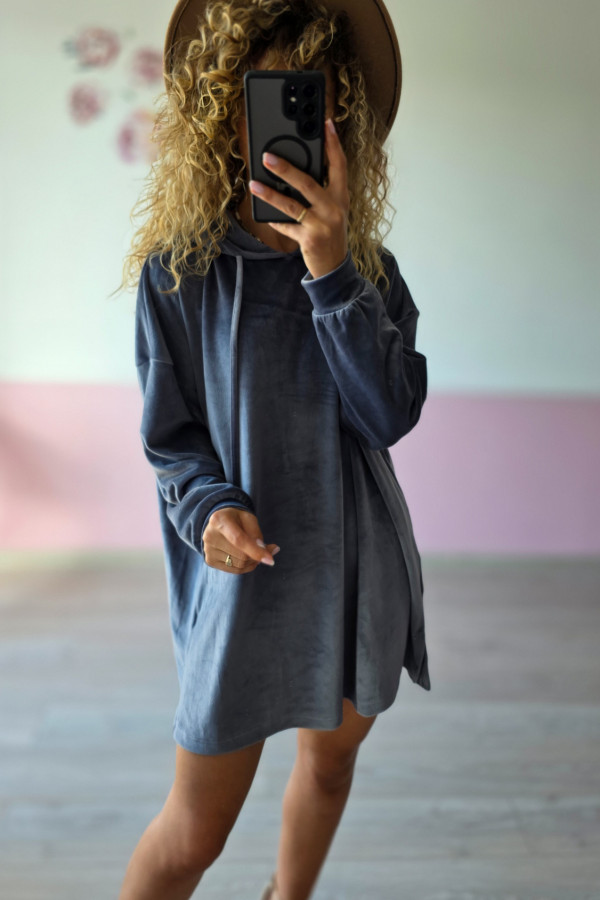 Welurowa bluza oversize z kapturem – szara L/XL 1