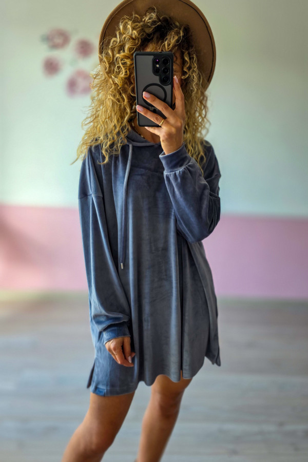 Welurowa bluza oversize z kapturem – szara L/XL