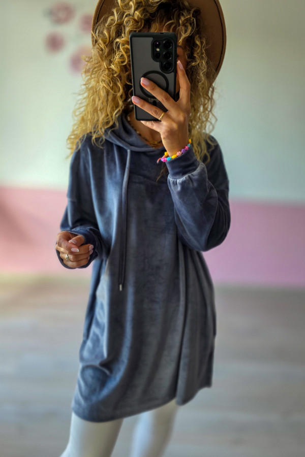 Welurowa bluza oversize z kapturem – szara L/XL 3