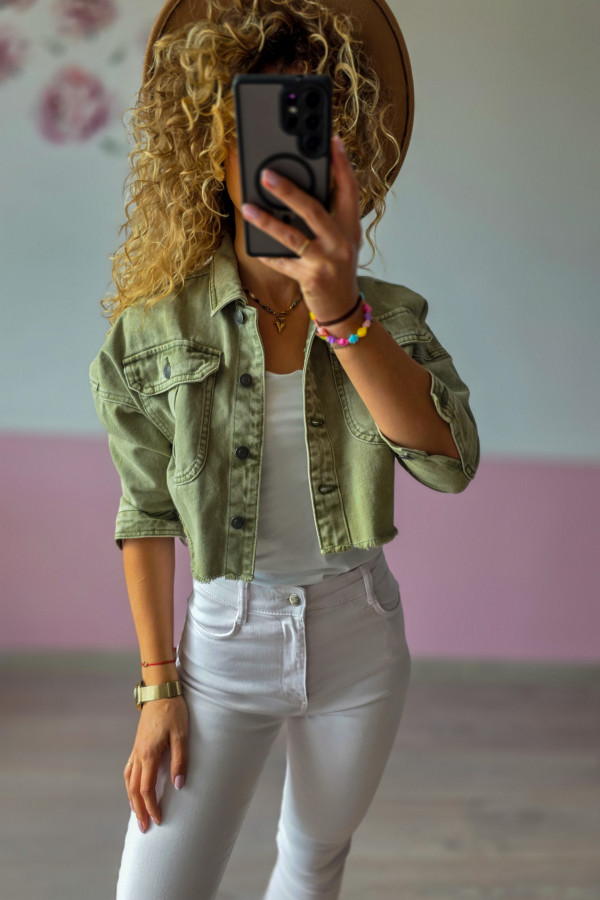Krótka kurtka jeansowa khaki 1