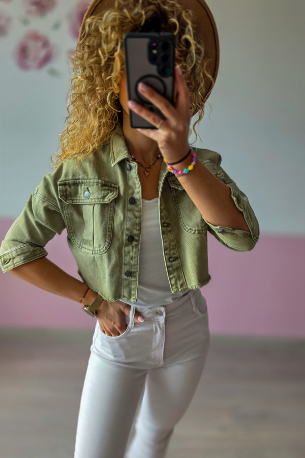 Krótka kurtka jeansowa khaki 2