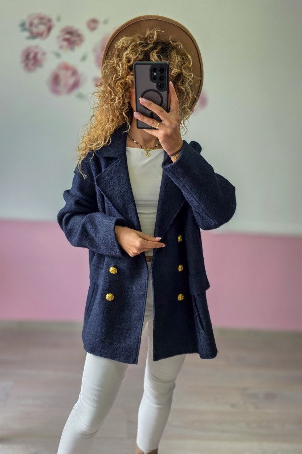 Granatowy płaszcz dwurzędowy – elegancja z secondhandu online