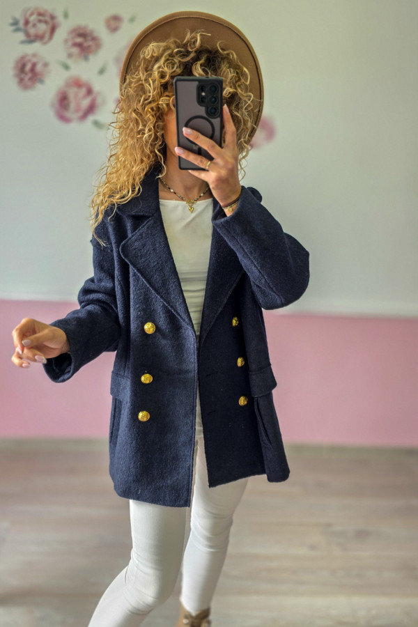 Granatowy płaszcz dwurzędowy – elegancja z secondhandu online 1