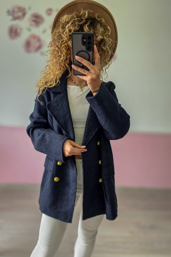 Granatowy płaszcz dwurzędowy – elegancja z secondhandu online 3