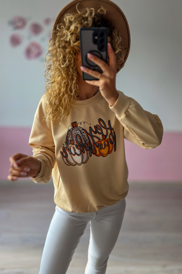 Bluza damska beżowa z nadrukiem dyni – jesienna, oversize