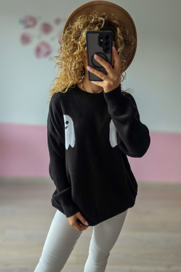 Sweter damski czarny z motywem ducha – Halloween, oversize 1