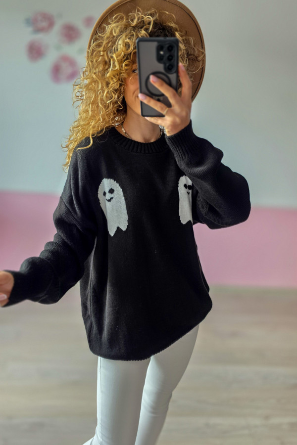 Sweter damski czarny z motywem ducha – Halloween, oversize
