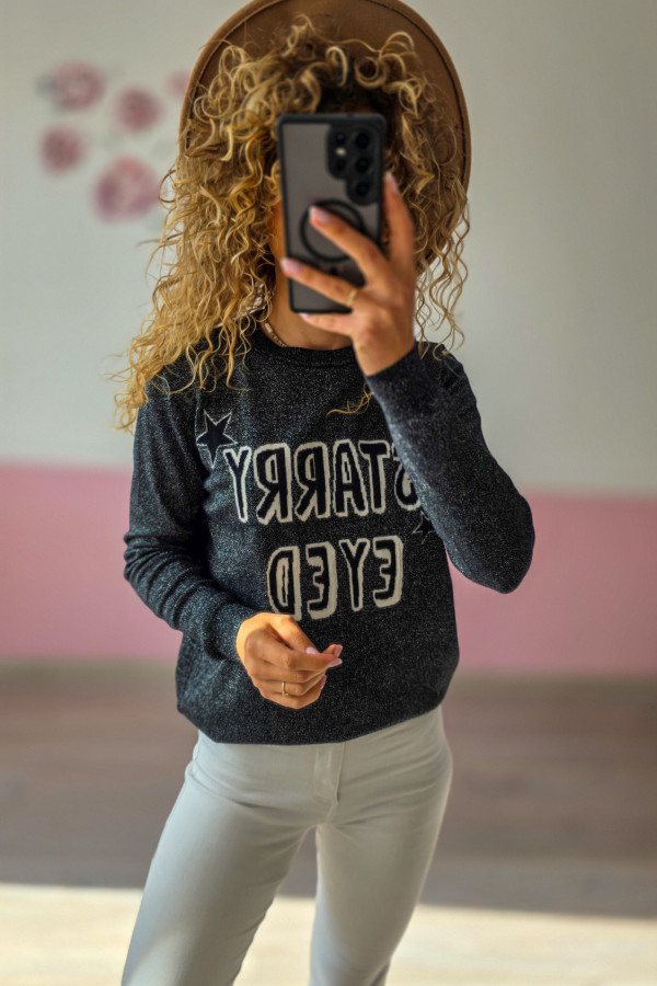 Bluza damska z napisem STAR – grafitowa, z połyskiem