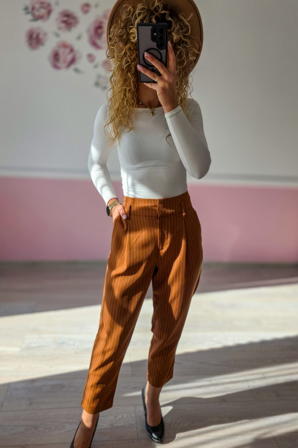 Spodnie damskie - rudy garniturowy model w paski 2