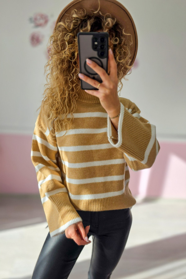Sweter w paski – karmelowo-biały S/M 1