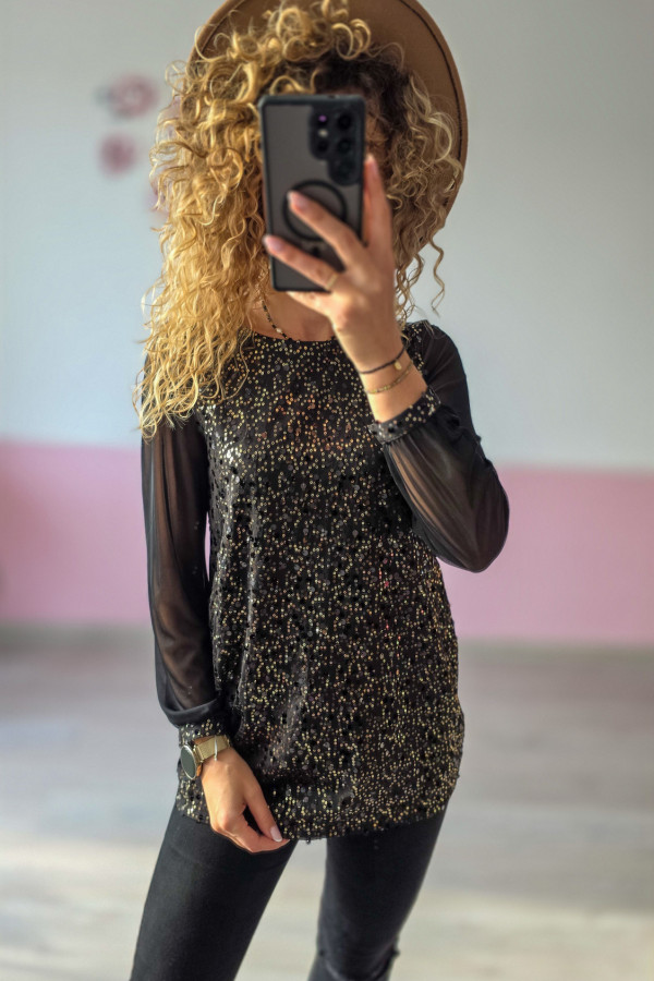 Czarna bluzka z cekinami i tiulowymi rękawami