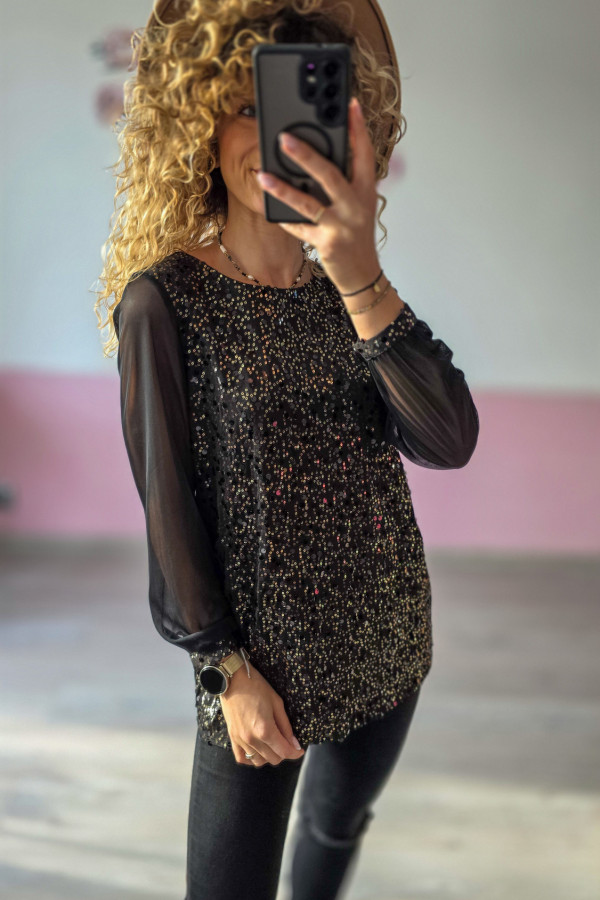 Czarna bluzka z cekinami i tiulowymi rękawami 1